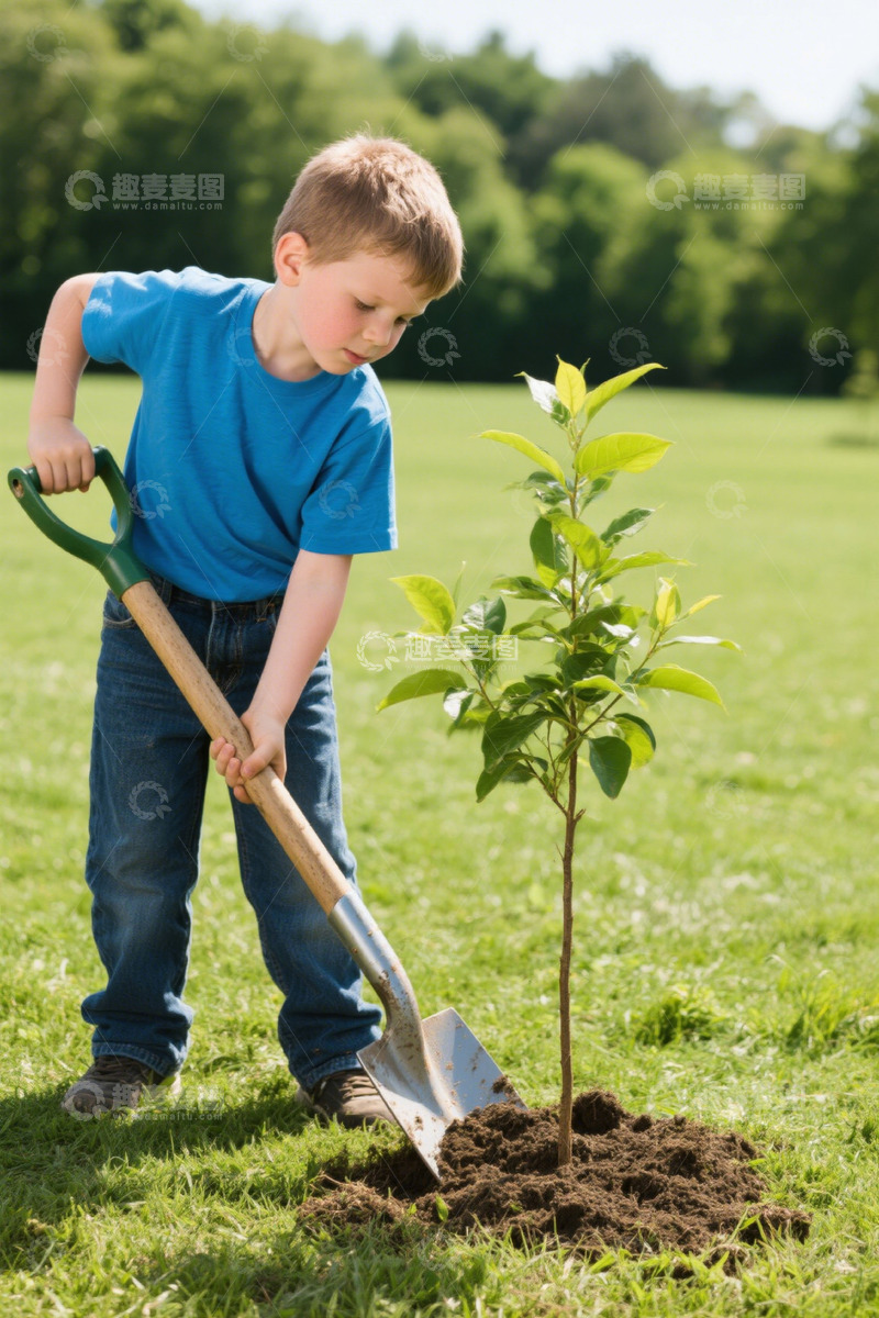 高清大图下载【趣麦麦图】小男孩户外植树场景