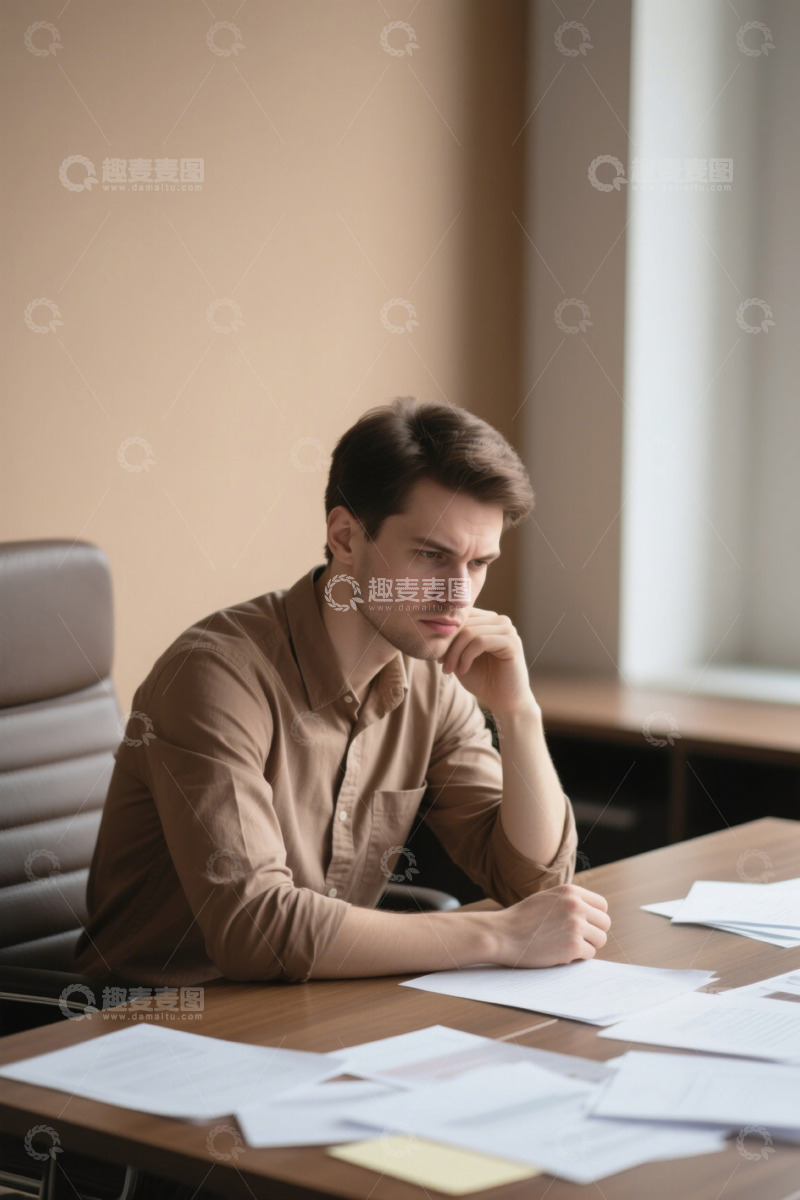 高清大图下载【趣麦麦图】忧虑的年轻男子伏案工作