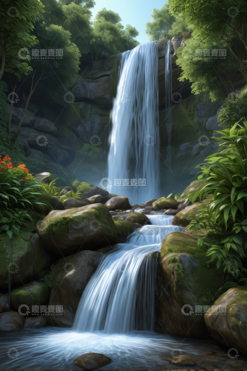 高清大图下载【趣麦麦图】山林间的瀑布自然景观