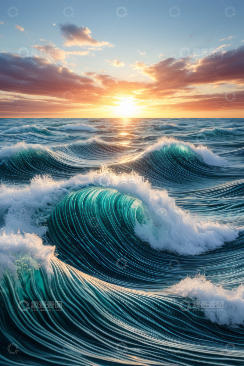 高清大图下载【趣麦麦图】海上日落时分的波涛景观