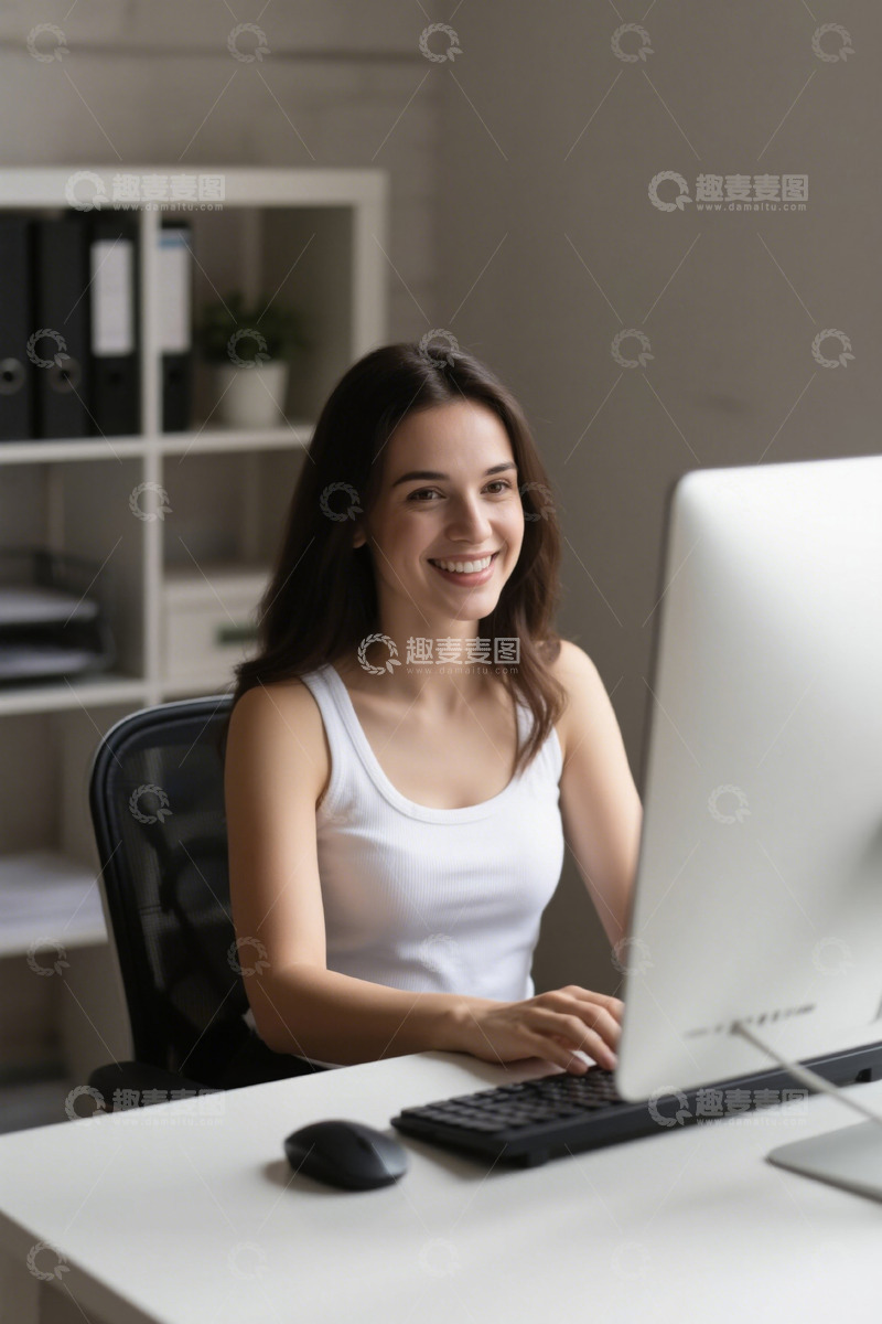 高清大图下载【趣麦麦图】年轻女子在办公室电脑前工作微笑