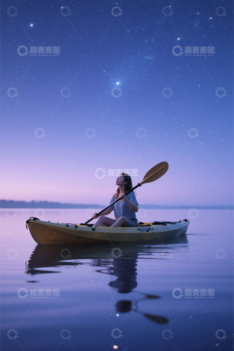 高清大图下载【趣麦麦图】女子夜晚泛舟水面赏星空