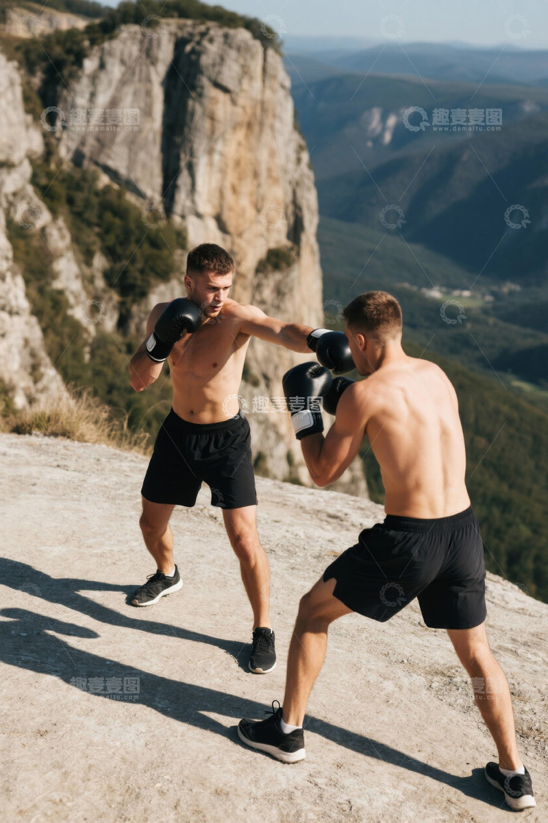高清大图下载【趣麦麦图】户外悬崖边男性拳击练习