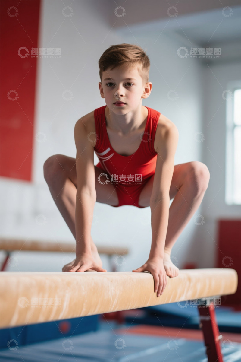 高清大图下载【趣麦麦图】"平衡木上的少年体操男孩的逐梦之路"