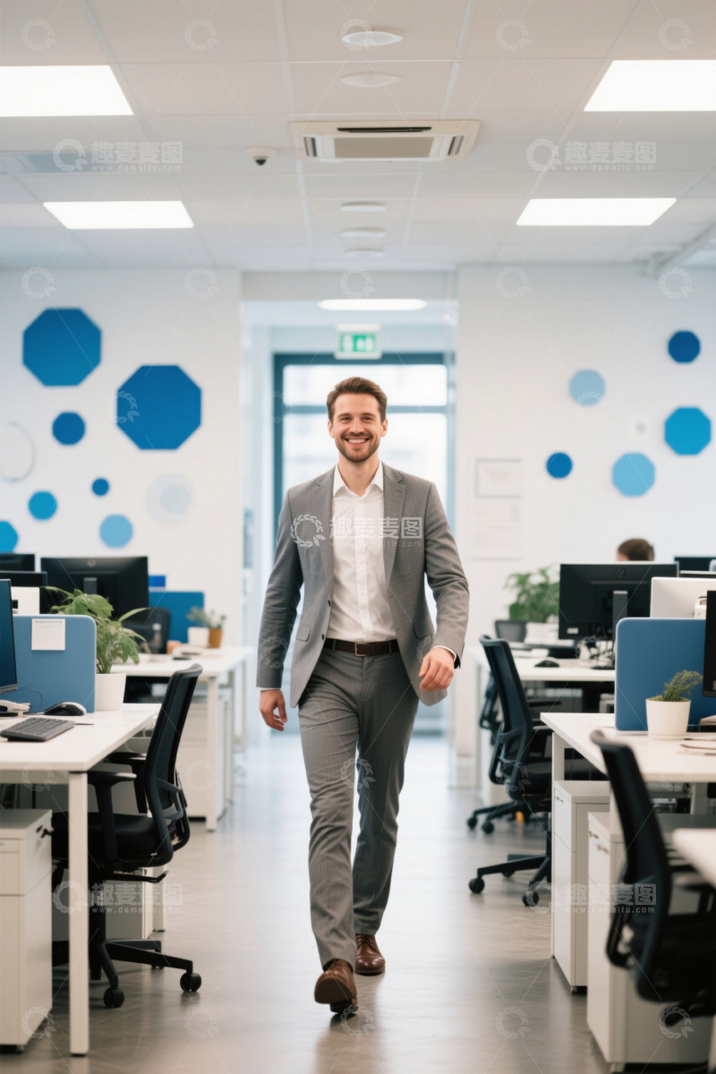 高清大图下载【趣麦麦图】自信的年轻商务男士在办公室走廊行走