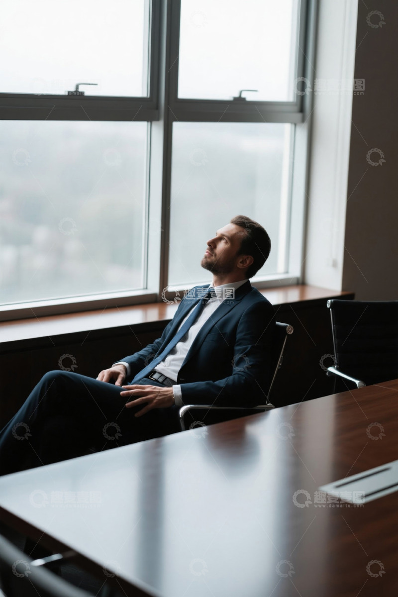 高清大图下载【趣麦麦图】西装男士坐在办公室落地窗前沉思