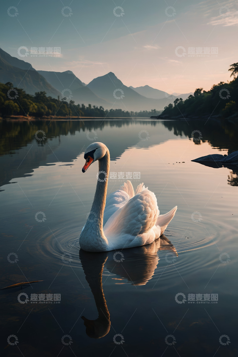 高清大图下载【趣麦麦图】湖面上独自游弋的白天鹅