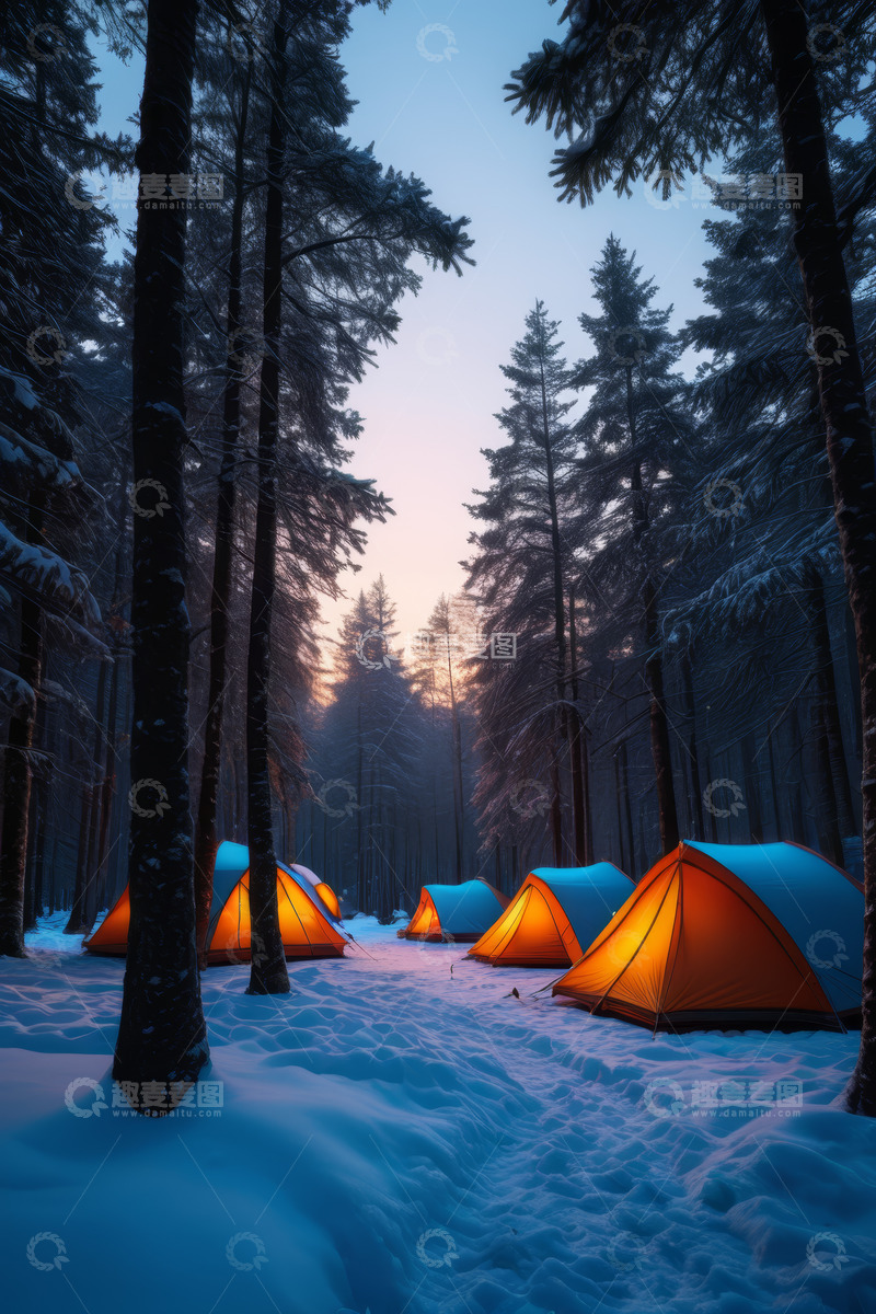高清大图下载【趣麦麦图】雪后森林中的露营帐篷