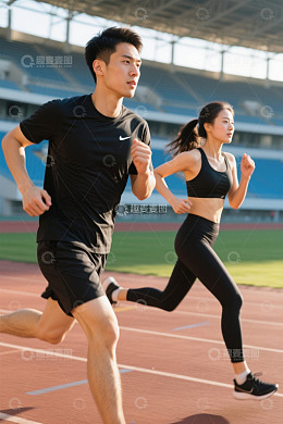 情侣在跑道上跑步运动健身