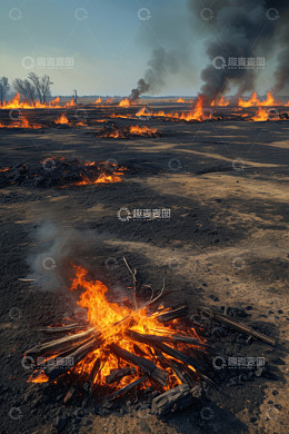 野外燃烧篝火及远处野火景象