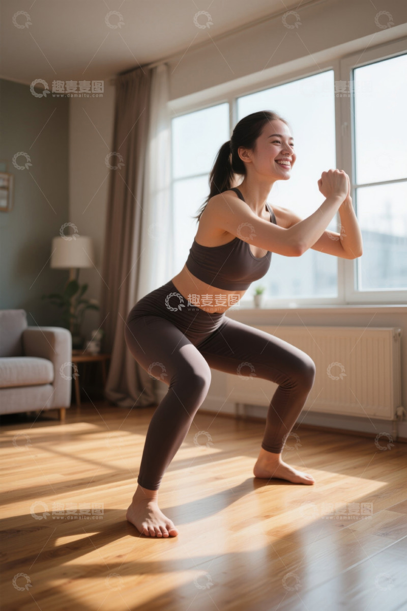 高清大图下载【趣麦麦图】阳光下快乐健身的年轻女子