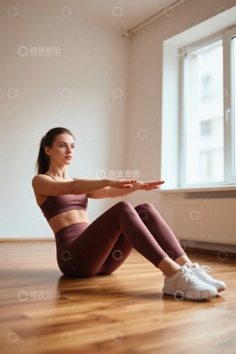 高清大图下载【趣麦麦图】年轻女子在家中做腹部运动