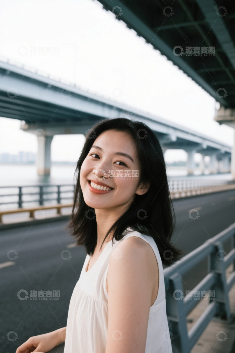 高清大图下载【趣麦麦图】桥上微笑的年轻女子