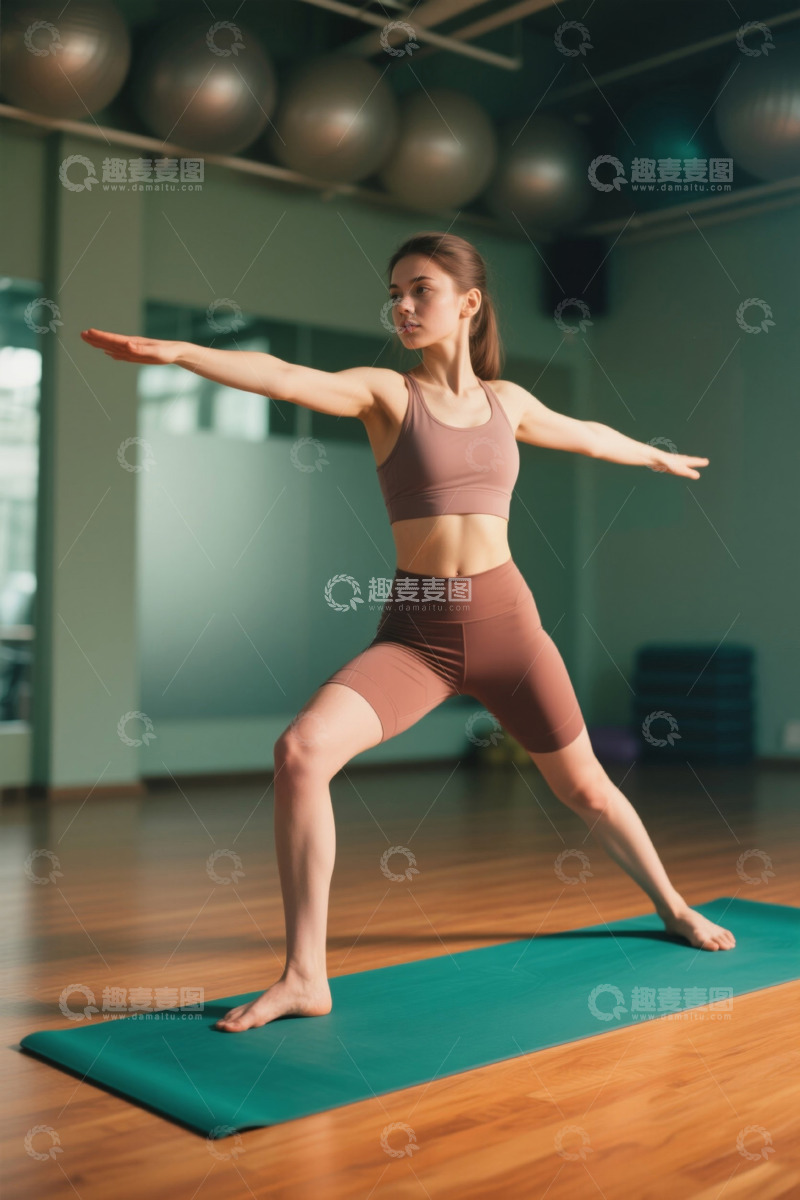 高清大图下载【趣麦麦图】瑜伽室女性练习战士二式