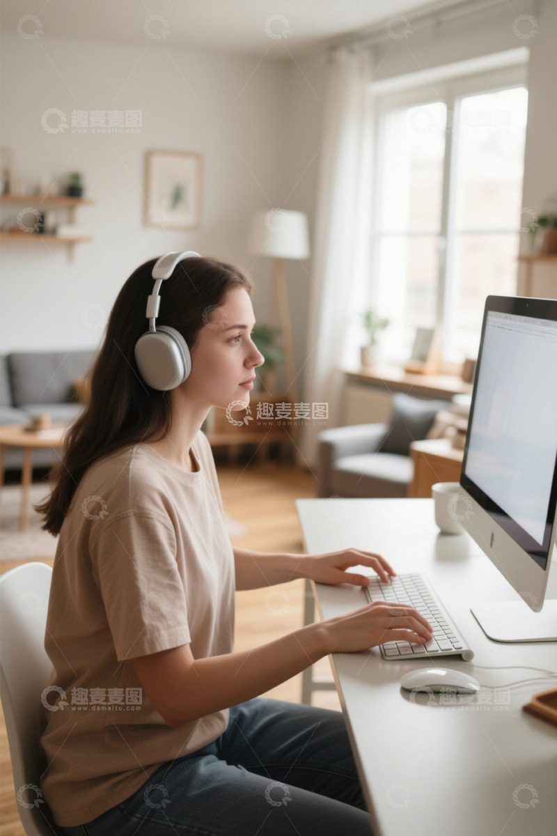 高清大图下载【趣麦麦图】戴耳机女孩在家办公认真工作