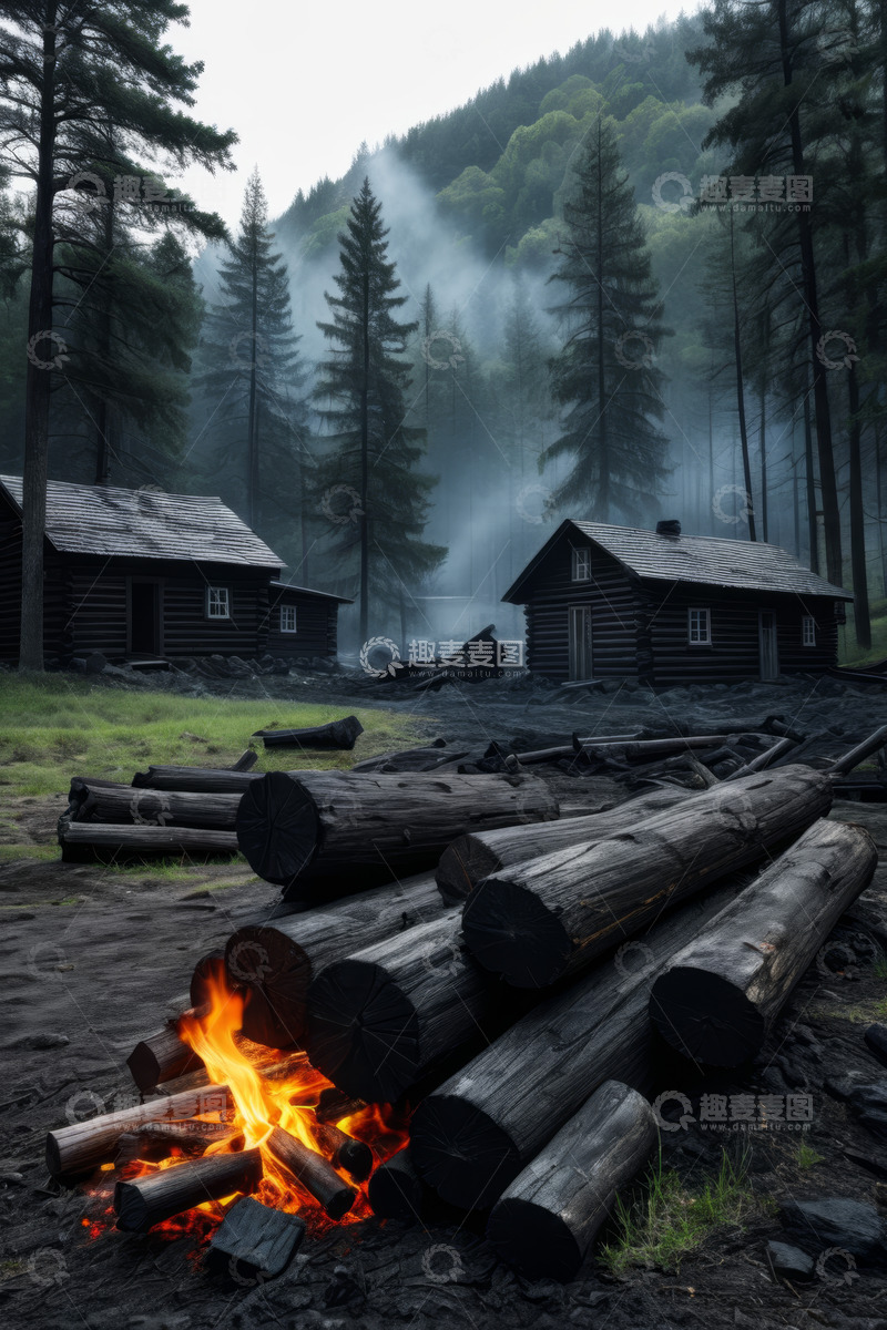高清大图下载【趣麦麦图】森林中木屋旁的篝火场景