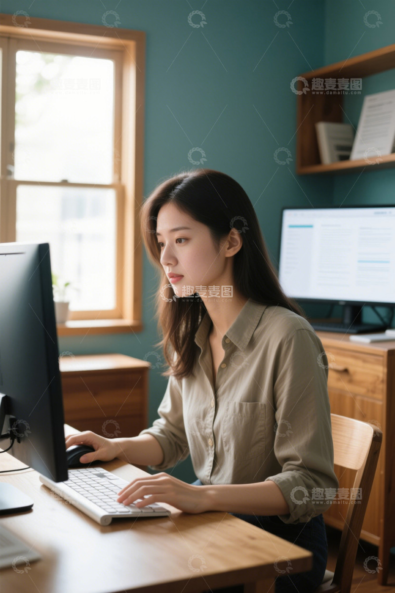 高清大图下载【趣麦麦图】年轻女子在家办公认真工作