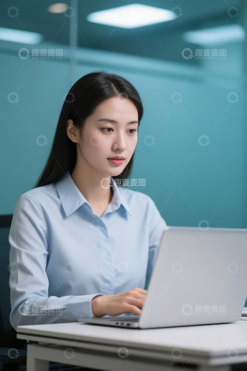 高清大图下载【趣麦麦图】年轻女子办公室内使用笔记本电脑