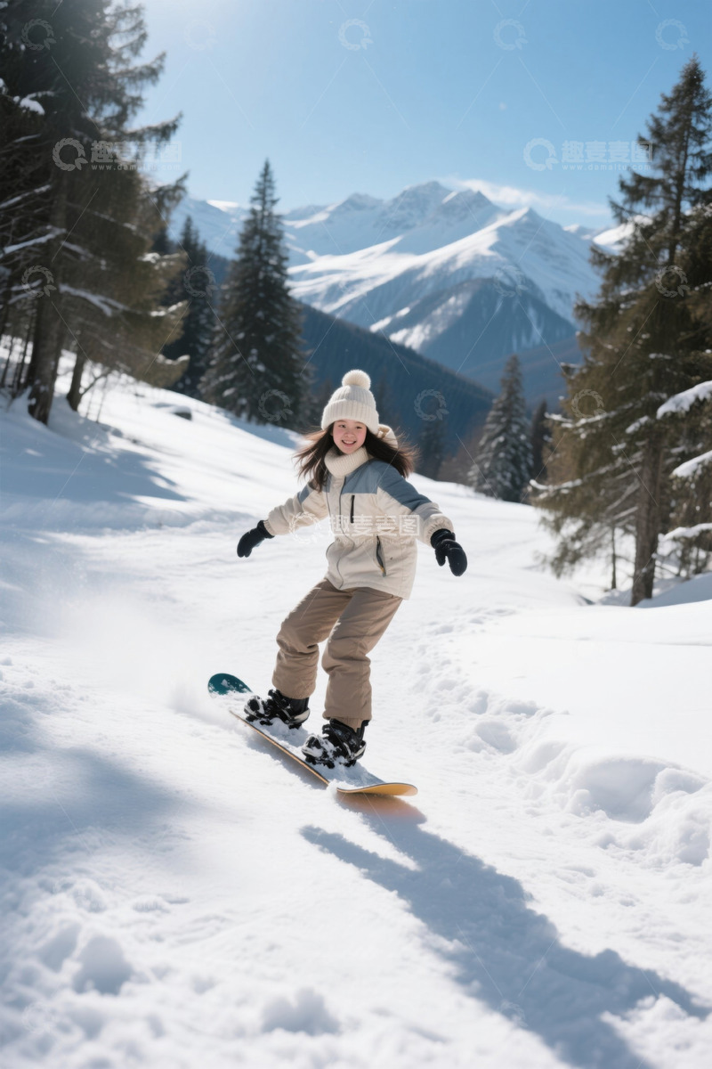 高清大图下载【趣麦麦图】滑雪少女雪山快乐时光