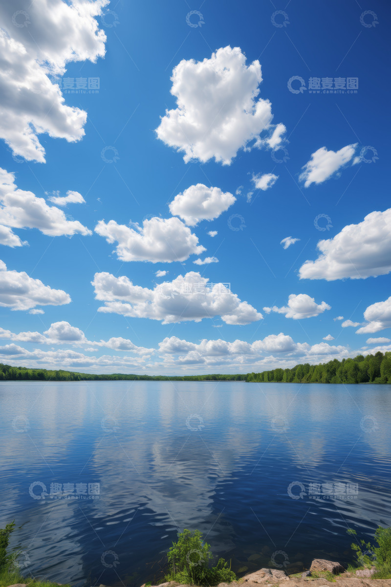 高清大图下载【趣麦麦图】蓝天白云下的宁静湖泊风光
