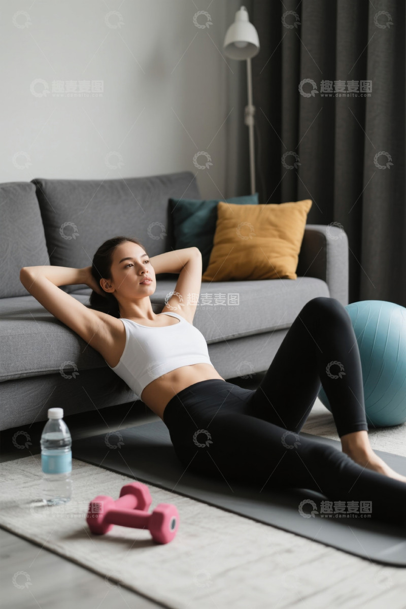 高清大图下载【趣麦麦图】居家健身的年轻女子