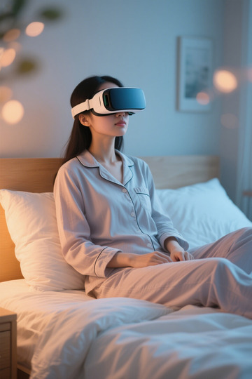 女子卧室戴VR眼镜沉浸体验
