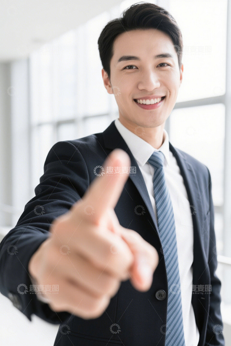 西装男士指着镜头微笑