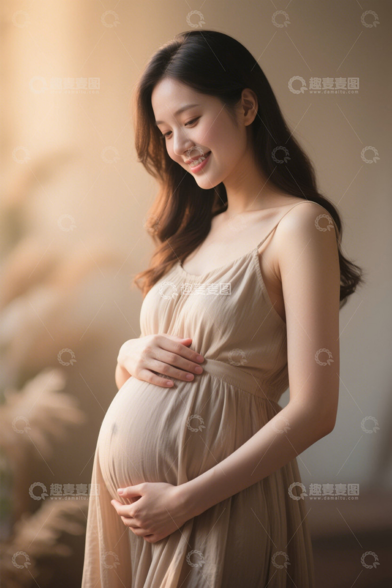 高清大图下载【趣麦麦图】温柔孕妇轻抚孕肚阳光洒在身上