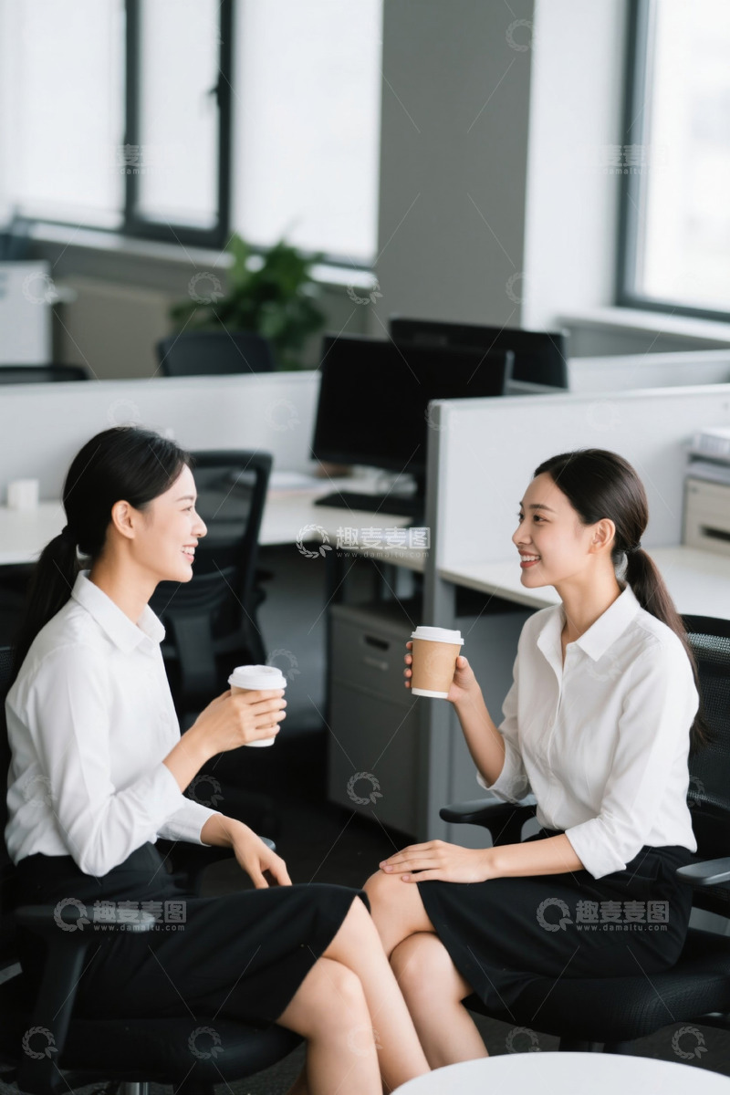 高清大图下载【趣麦麦图】办公室两位年轻女性喝咖啡交谈