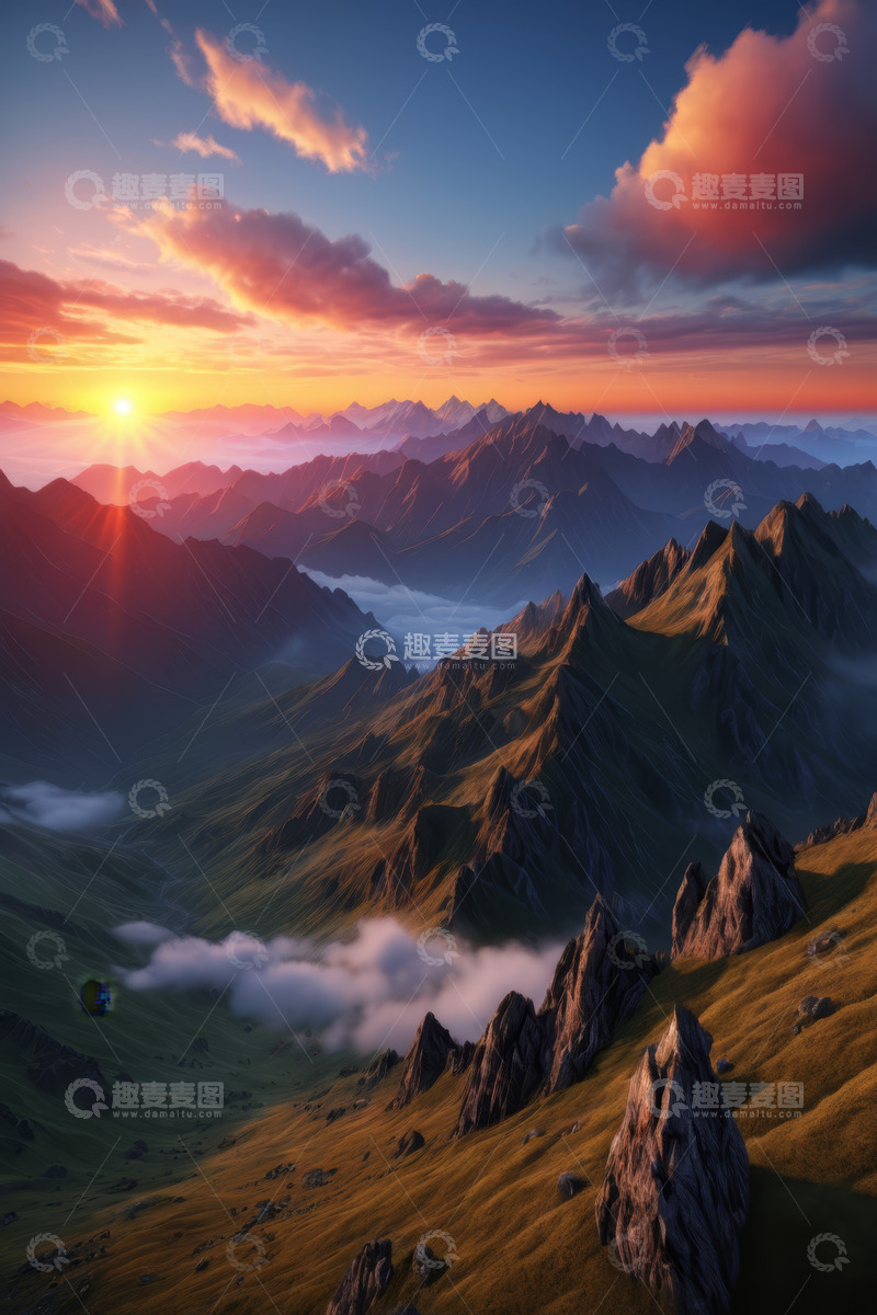 高清大图下载【趣麦麦图】山间日出壮丽自然风光