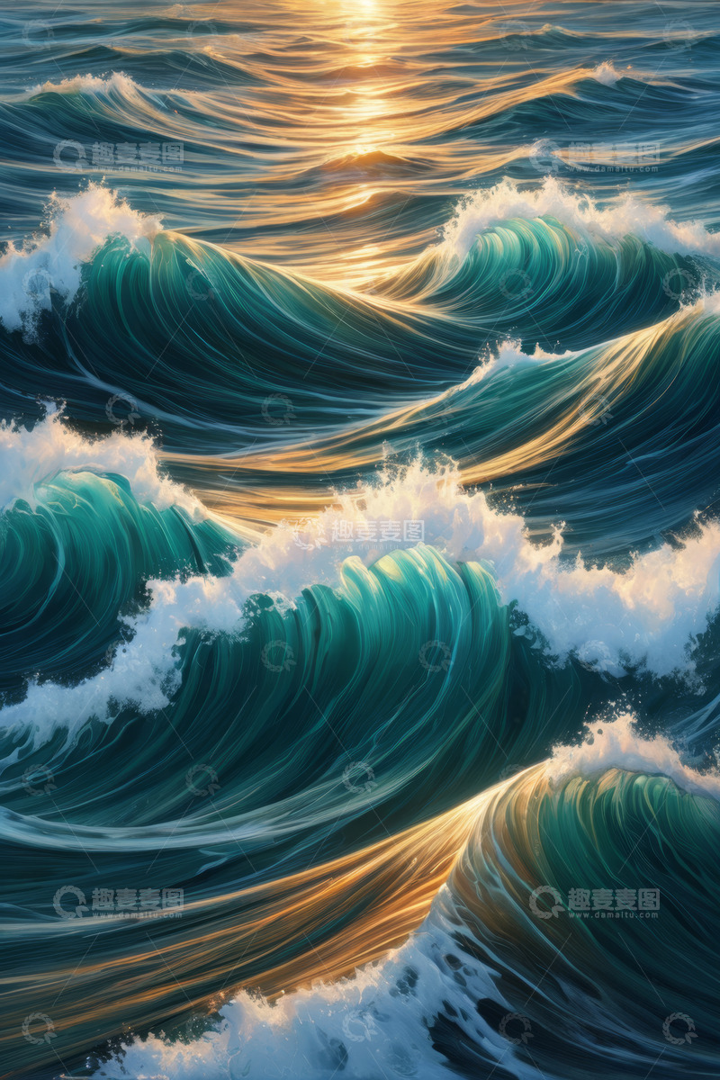 高清大图下载【趣麦麦图】夕阳下的海洋波浪景象