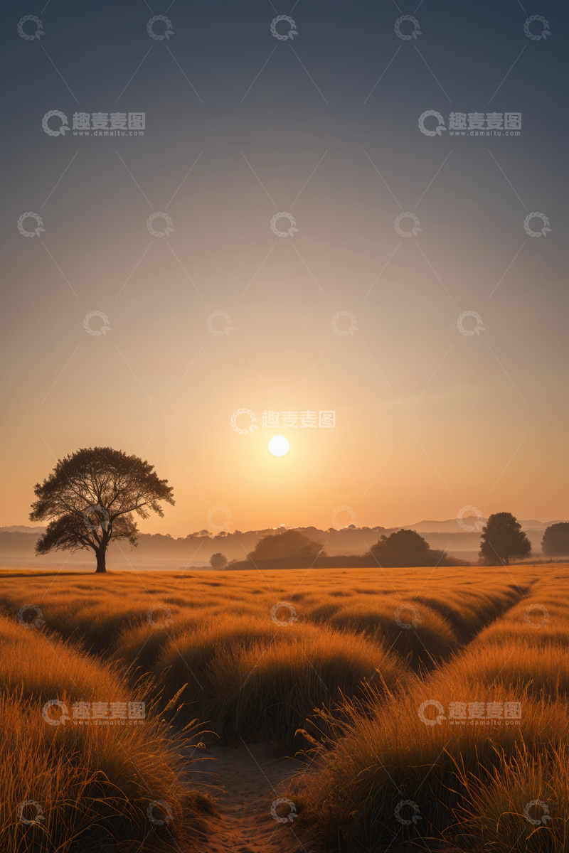 高清大图下载【趣麦麦图】田野夕阳下的孤树风景