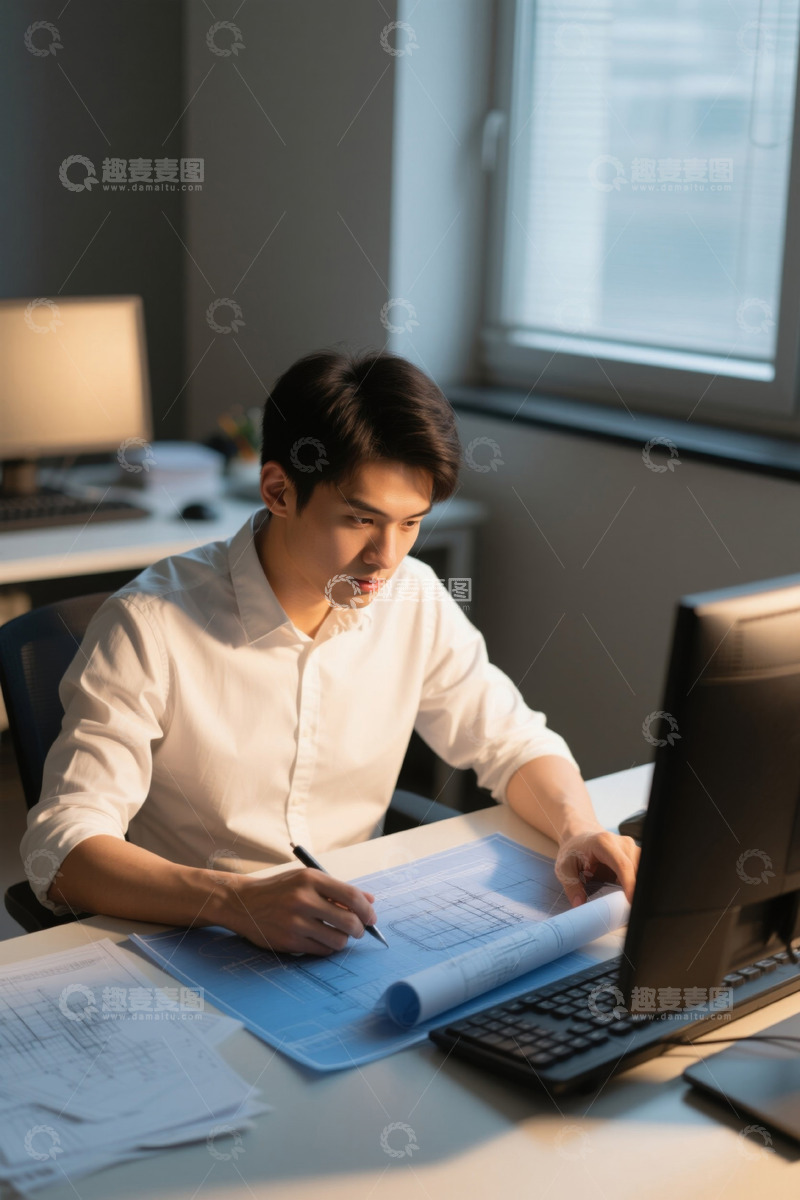 高清大图下载【趣麦麦图】年轻男子深夜加班看图纸