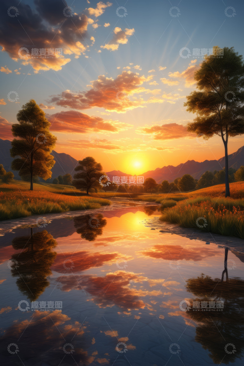 高清大图下载【趣麦麦图】河畔日落自然风光