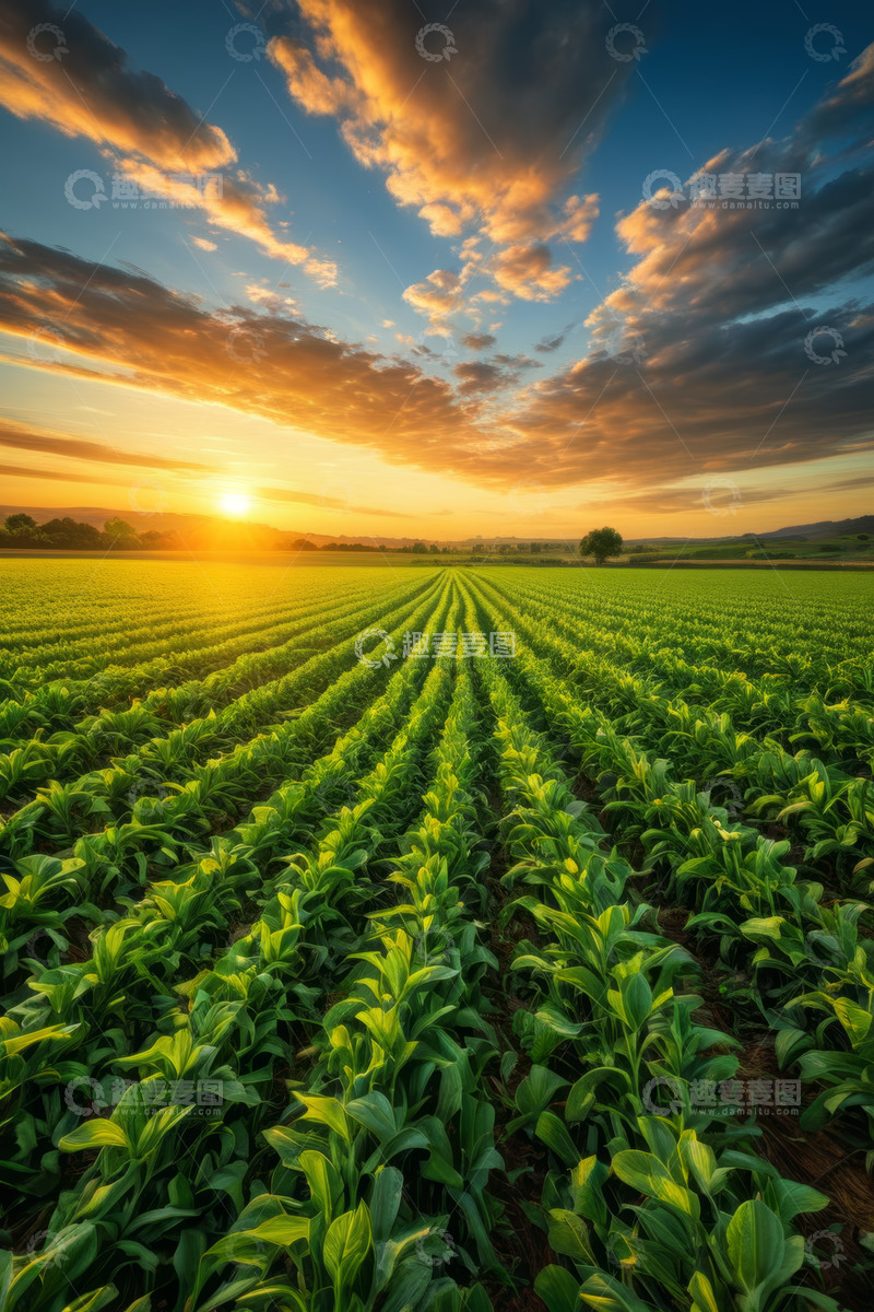 高清大图下载【趣麦麦图】夕阳下的绿色农田景观