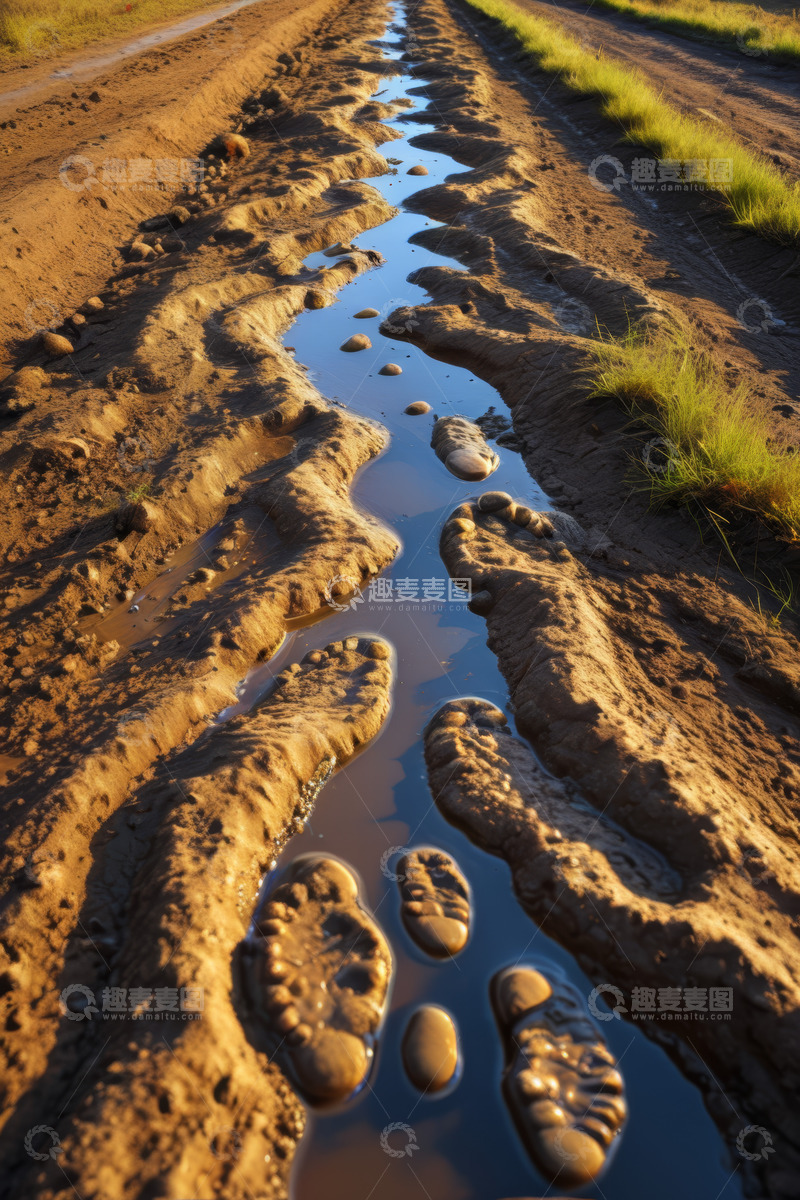 高清大图下载【趣麦麦图】泥土道路上的积水与脚印