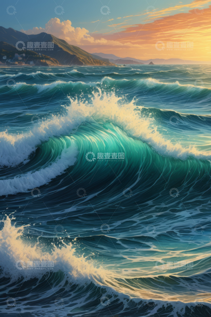 高清大图下载【趣麦麦图】夕阳下大海翻涌的波浪