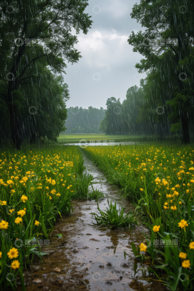 高清大图下载【趣麦麦图】雨中开满黄花的林间小径