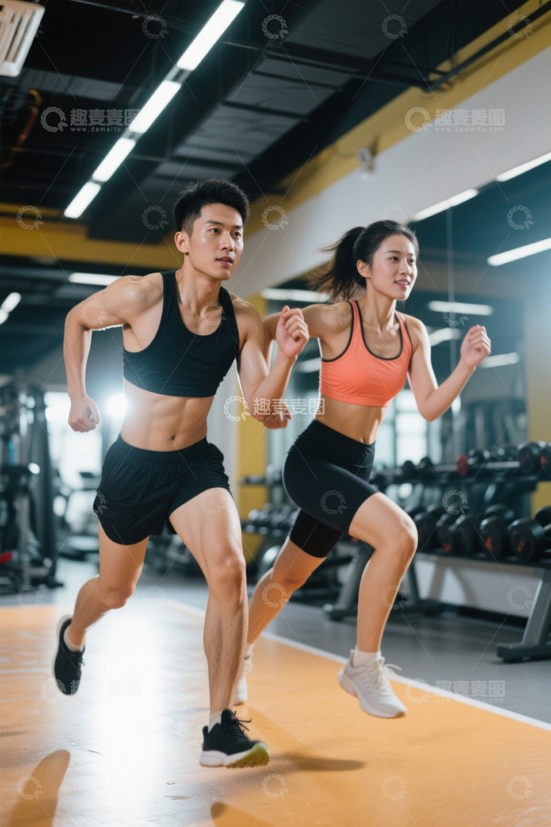 高清大图下载【趣麦麦图】健身房里跑步的年轻情侣
