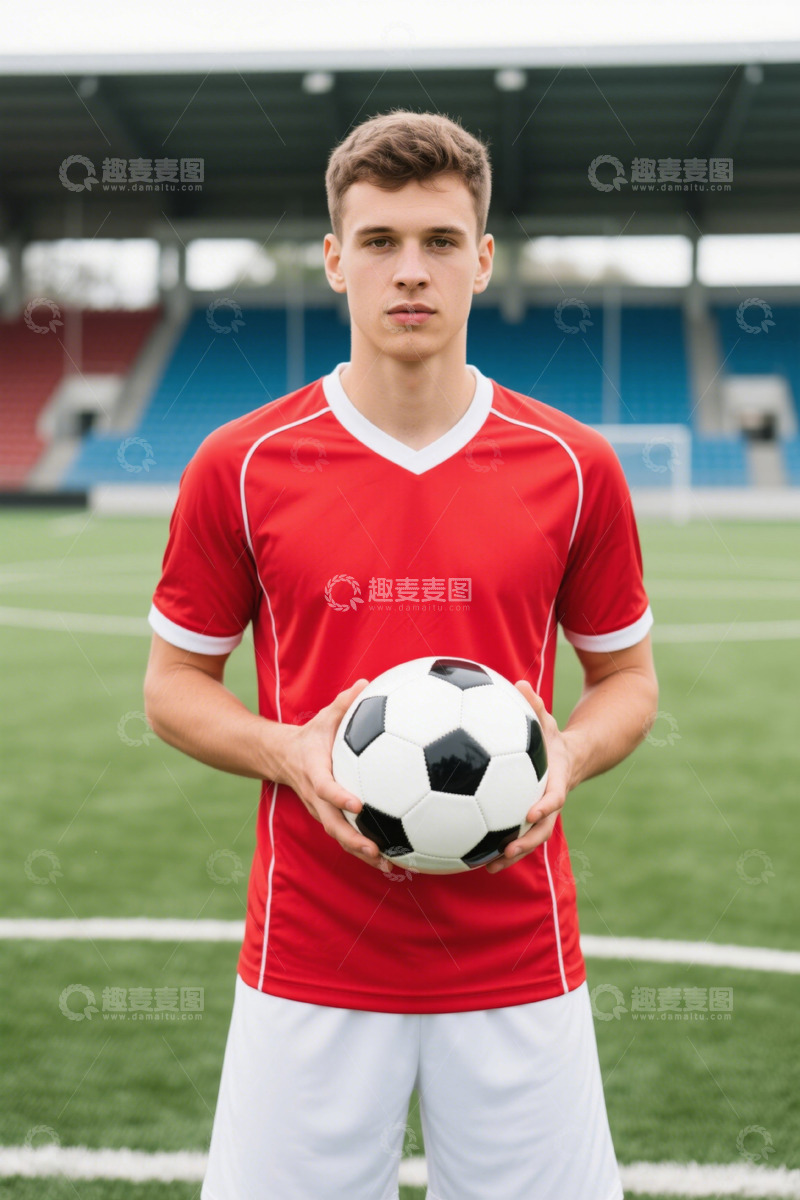 高清大图下载【趣麦麦图】足球少年在球场怀抱足球