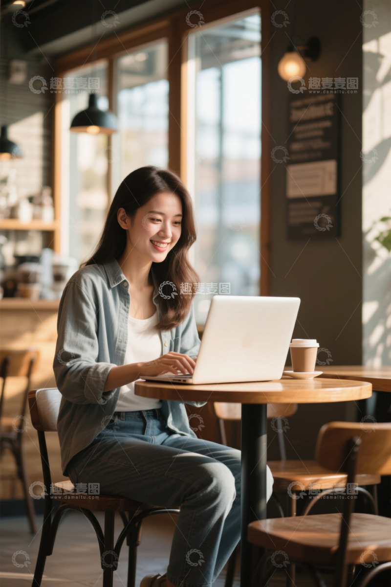 高清大图下载【趣麦麦图】咖啡馆里微笑的女孩使用笔记本电脑