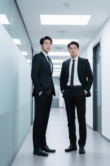 职场精英商务男士走廊合照