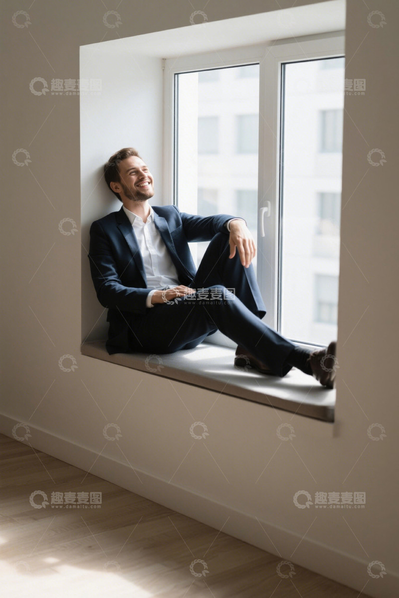 高清大图下载【趣麦麦图】西装男子窗边休憩微笑