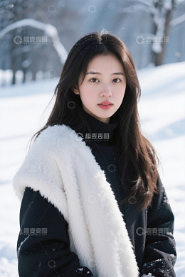 冬日雪景中一位美丽的年轻女子