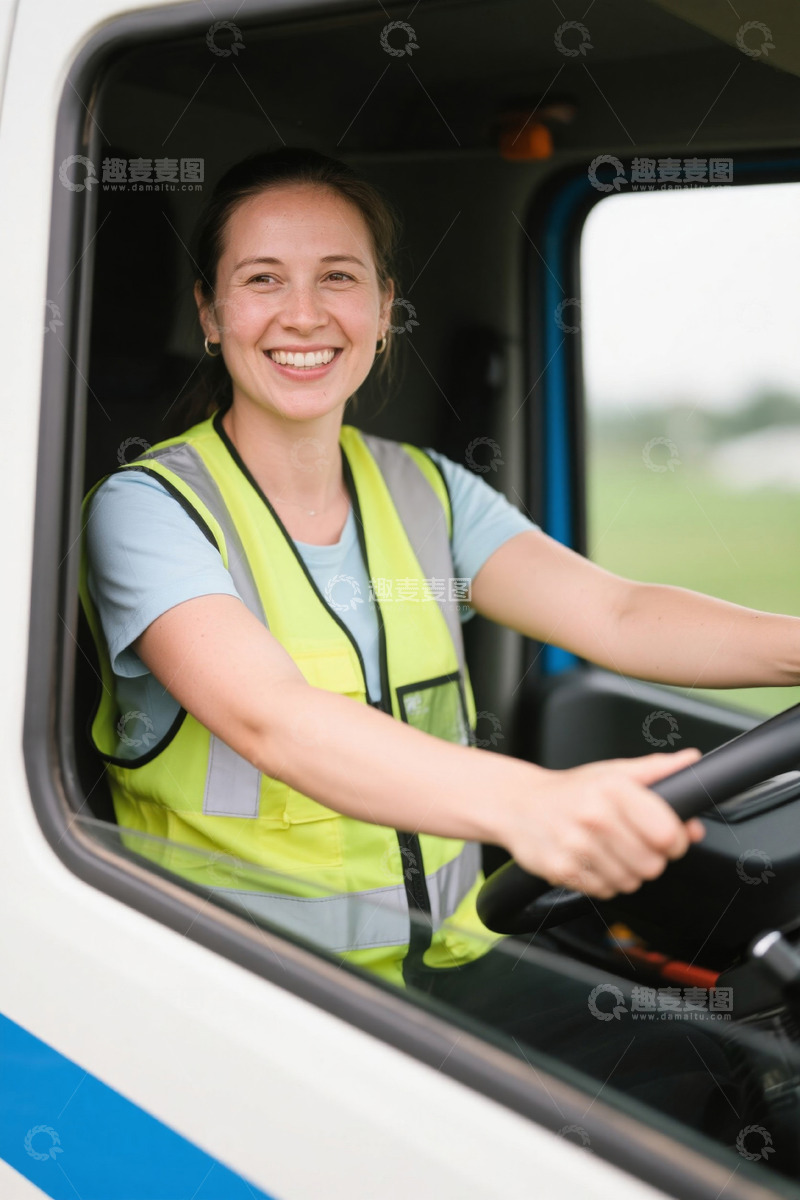 高清大图下载【趣麦麦图】女司机驾驶货车笑容灿烂
