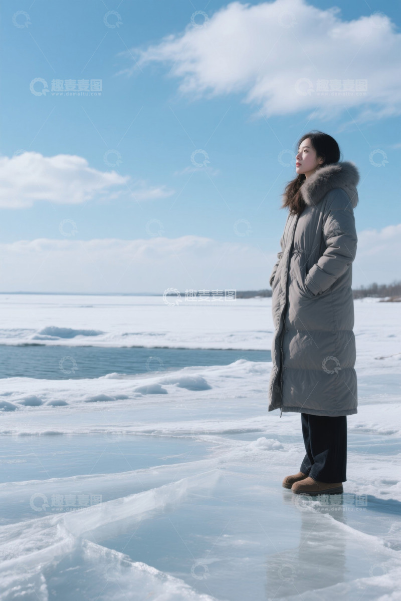 高清大图下载【趣麦麦图】女子冰面远眺冬季风景