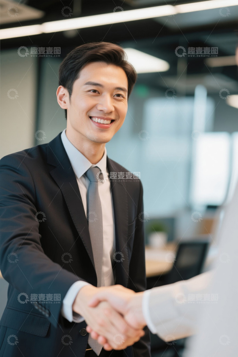 高清大图下载【趣麦麦图】商务人士握手笑容自信办公室背景