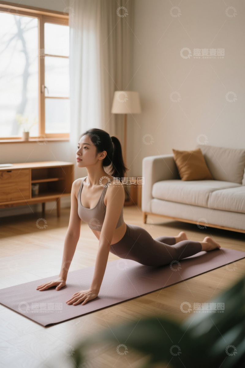 高清大图下载【趣麦麦图】女子在家中瑜伽垫上练习瑜伽