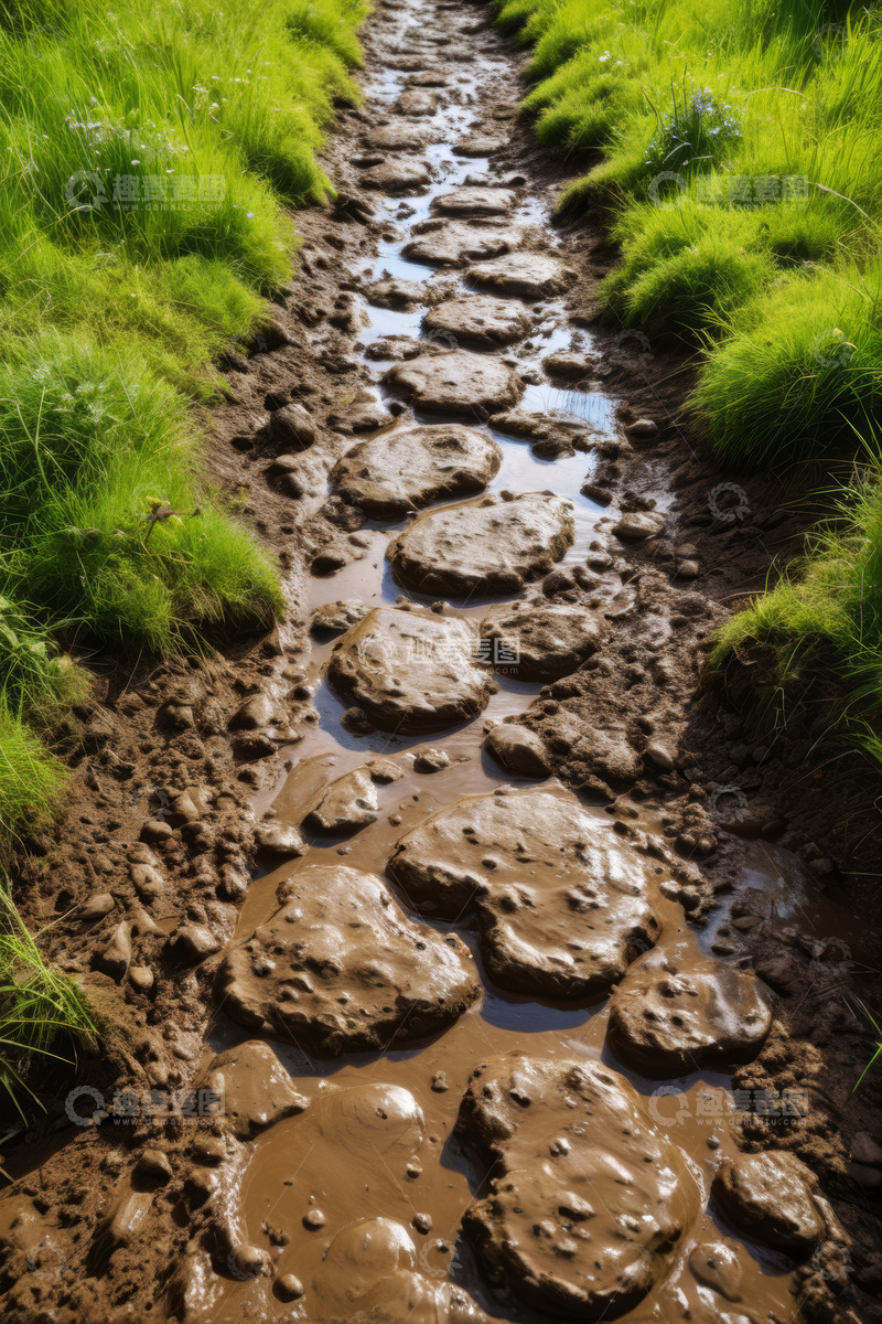 高清大图下载【趣麦麦图】泥泞小路旁的绿色草地景观