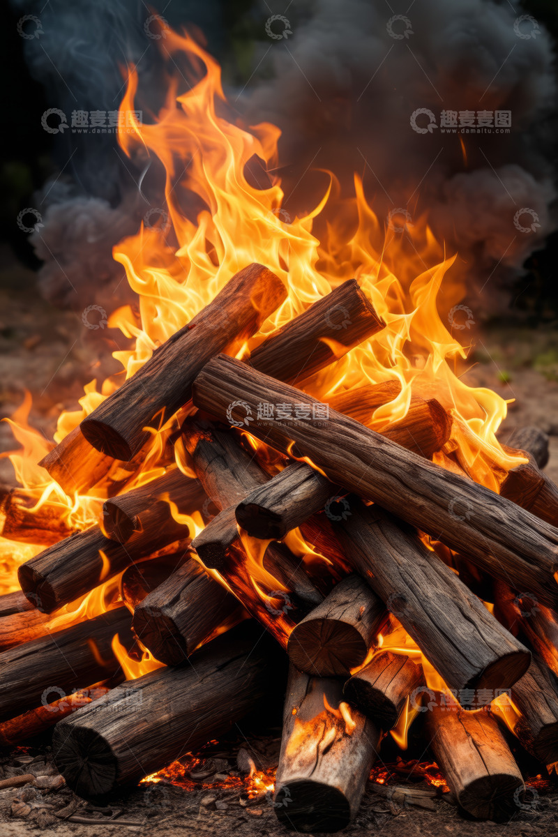 高清大图下载【趣麦麦图】户外燃烧木材的火焰场景